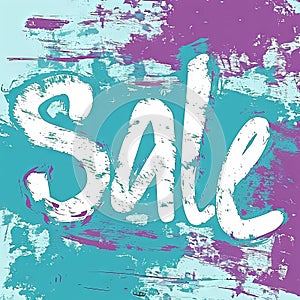 Bold white \'Sale\' text over a textured turquoise and purple grunge background