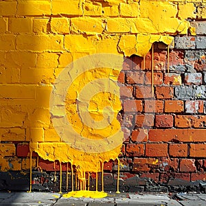 Bold Yellow Paint Dripping on a Red Brick Wall