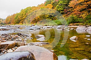 Bolders in shallow river in New England White Mountains National Park