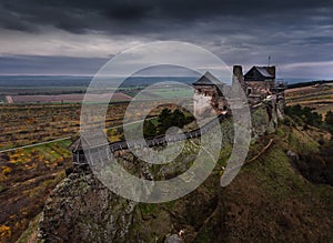 Boldogko, Hungary - Aerial view of Boldogko Castle (Boldogkovaralja) at autumn season with dark storm clouds