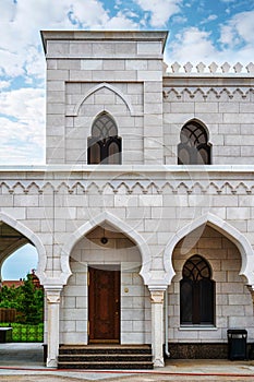 Bolgar, Republic of Tatarstan, Russia, June 2, 2023. The White Mosque built in 2012. Fragments of the architecture of