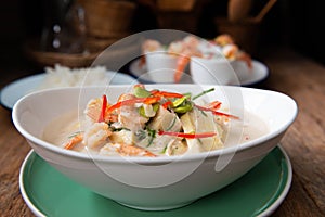 Bolied Coconut Milk Soup , Prawn ,  Bamboo shoot , Bitter bean And Senegalia pennata