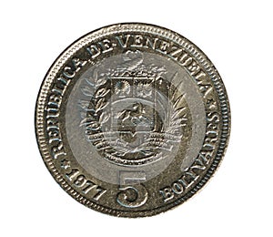 5 Bolivares coin, Bank of Venezuela. Reverse, 1977 photo