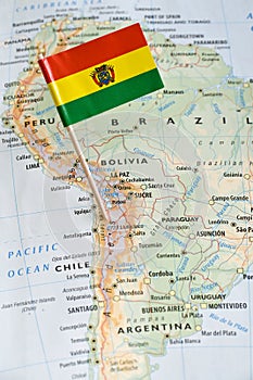 Bolivia flag pin on map