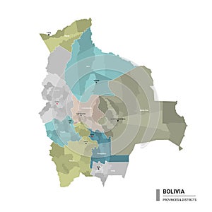 Bolivia higt detailed map with subdivisions. Administrative map of Bolivia with districts and cities name, colored by states and