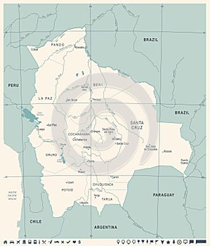 Bolivia Map - Vintage Detailed Vector Illustration