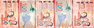 Bolivia money, horizontal panorama, Bolivian banknotes of 100 boliviano, financial banking concept, Bolivian currency rate, close