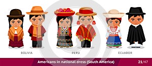 Bolivia, Peru, Ecuador. Men and women in national dress. Set of people wearing ethnic clothing. photo