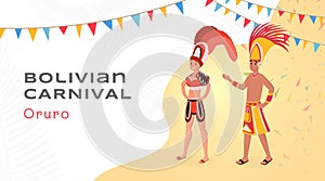 Bolivian carnival flat banner vector template. Happy latino entertainers in authentic aztec costumes cartoon characters