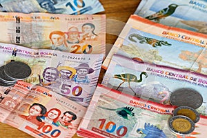 Bolivian money, Bolivianos. Banknotes of various denominations photo
