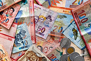Bolivian money, Bolivianos. Banknotes of various denominations photo