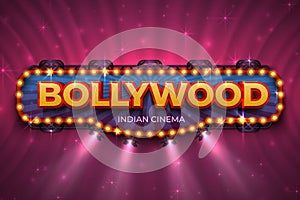 Bollywood background. Indian cinema poster with text and spot light, Indian cinematography stage. Vector 3D Bollywood