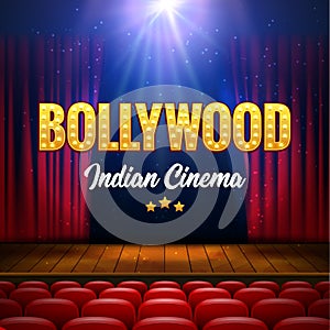 Bollywood Indian Cinema Film Banner. Indian Cinema Logo Sign Design Glowing Element with Stage and Curtains photo