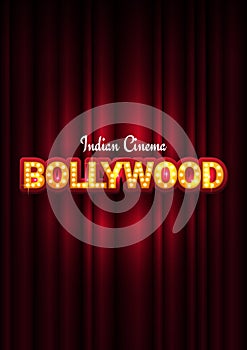 Bollywood indian cinema. Movie banner or poster in retro style with theatre curtain.