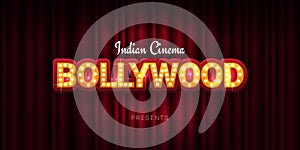 Bollywood indian cinema. Movie banner or poster in retro style with theatre curtain.