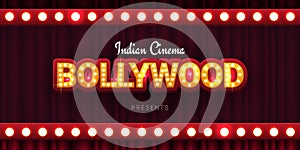 Bollywood indian cinema. Movie banner or poster in retro style with theatre curtain. photo