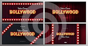 Bollywood indian cinema. Set of Movie banners or poster in retro style with theatre curtain.