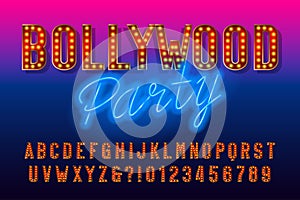 Bollywood party alphabet font. Retro letters and numbers with light bulb.