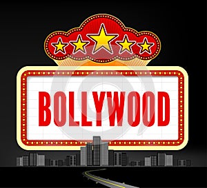 Bollywood is a traditional Indian movie. Vector illustration with marquee lights