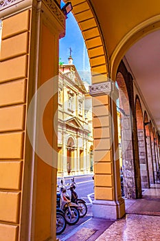 Bologna city traditional arcade at Via Indipendenza street Italy