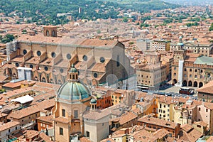 Bologna cityscape of the old medieval town center with San Petronio Basilica on Piazza Maggiore square in Bologna, Italy