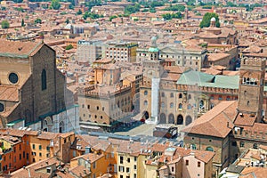 Bologna cityscape of the old medieval town center with San Petronio Basilica on Piazza Maggiore square in Bologna, Italy