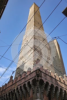 Bologna, Italy - 16 Nov, 2022: The two famous falling towers of Asinelli and Garisenda