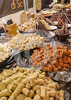 Bologna, Italy - 18 Nov, 2022: Chocolates on sale at a market in Bologna