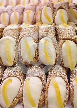 Bologna, Italy - 18 Nov, 2022: Traditional cream filled Cannoli pastries