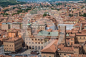 Bologna ITALY - 9 August 2023 - Piazza Maggiore and its historic buildings in aerial view