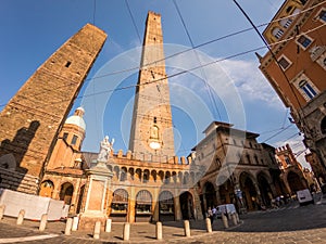 Two famous falling towers Asinelli and Garisenda, Bologna, Emilia-Romagna