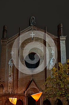 Bologna, Italy low angle view of Basilica of San Giacomo Maggiore facade at night