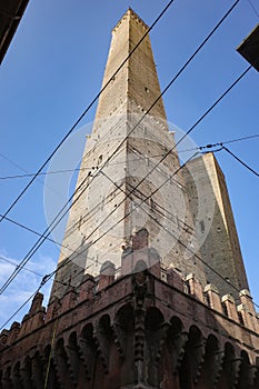 Bologna, Italy - 16 Nov, 2022: The two famous falling towers of Asinelli and Garisenda