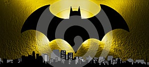Bologna / Italy - September 18, 2019: The bat signal light from the Gotham cityscape to celebrate the Batman`s 80th birthday.
