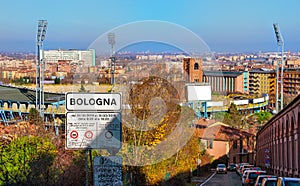 Bologna street sign aerial panorama view city up hill San Luca sanctuary archway Colli Bolognesi