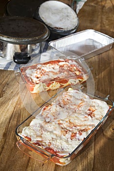 Bolognese lasagna in glass pyrex