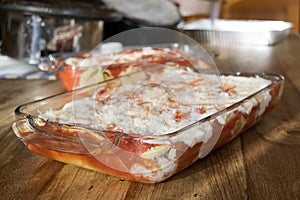 Bolognese lasagna in glass pyrex
