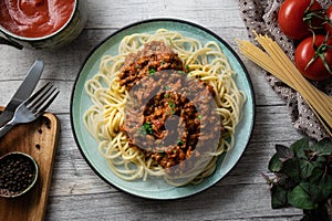 Bolognese pasta overhead view.