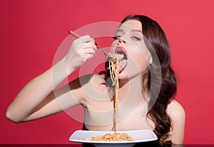 Bolognese pasta. Sexy woman eating Italian meal. Spaghetti. Healthy menu.