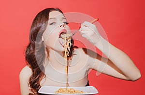 Bolognese pasta. Sexy woman eating Italian meal. Spaghetti. Healthy menu.