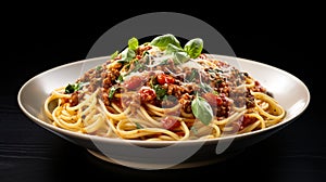 Bolognese spaghetti with tomatoes and basil