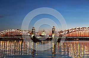 Bolsheokhtinsky bridge on Neva river during the white nights. Saint Petersburg