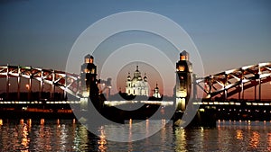 Bolsheokhtinsky bridge on the Neva river during the white nights. Saint Petersburg,