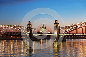 Bolsheokhtinsky bridge on Neva river during the white nights. Saint Petersburg