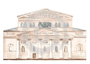 Bolshoi theater in Moscow watercolor illustration, landmarks of Russia