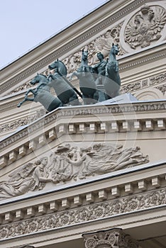 Bolshoy theater building in Moscow. Horses sculpture.