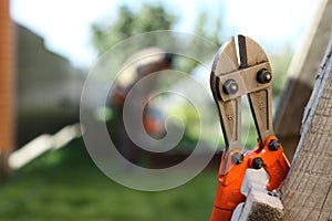 Bolt cutter on grass background