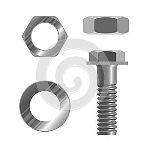 Bolt fastener and several types of nuts realistic vector illustration isolated