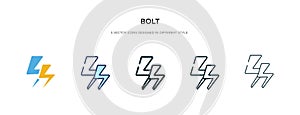 Bolt icon in different style vector illustration. two colored and black bolt vector icons designed in filled, outline, line and