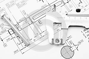 Bolt, nut and caliper on the drawing